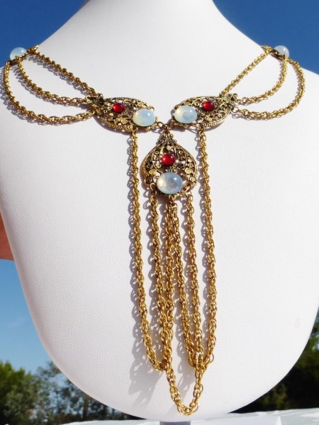 HC 3 STRAND GOLD CHAIN OPAL RUBY NECKLACE 4